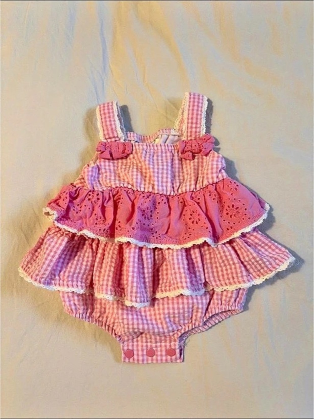 Rare Editions Pink Gingham Eyelet Ruffle Bubble Romper 9M